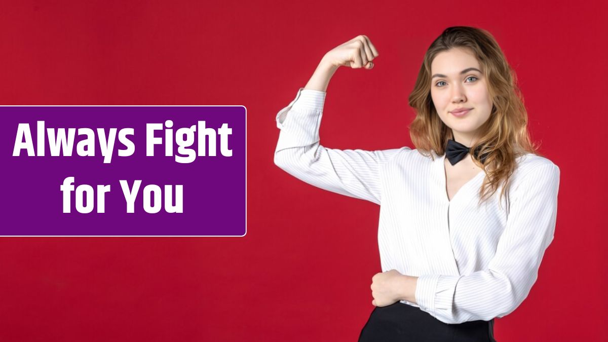 Young proud waitress woman butterfly on the neck and showing her muscle on red background.