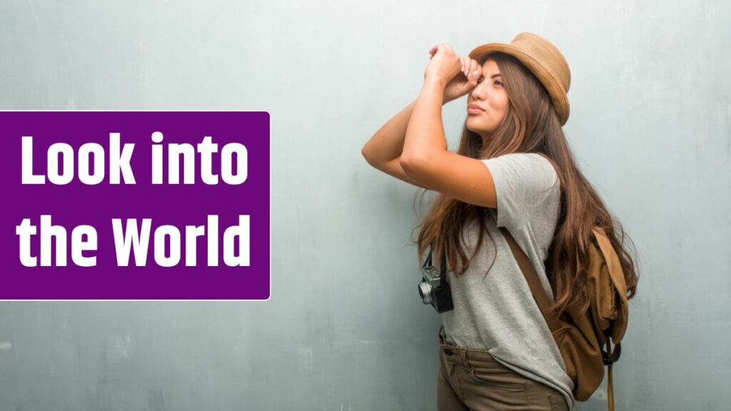 Portrait of young traveler latin woman against a wall looking through a gap, hiding and squinting.